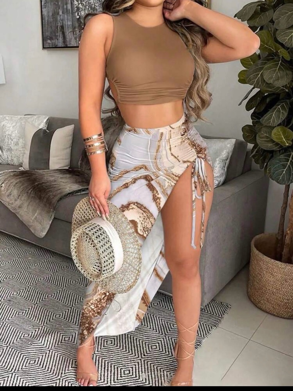 Women’s High-Slit Marble Print Wrap Skirt in White & Brown